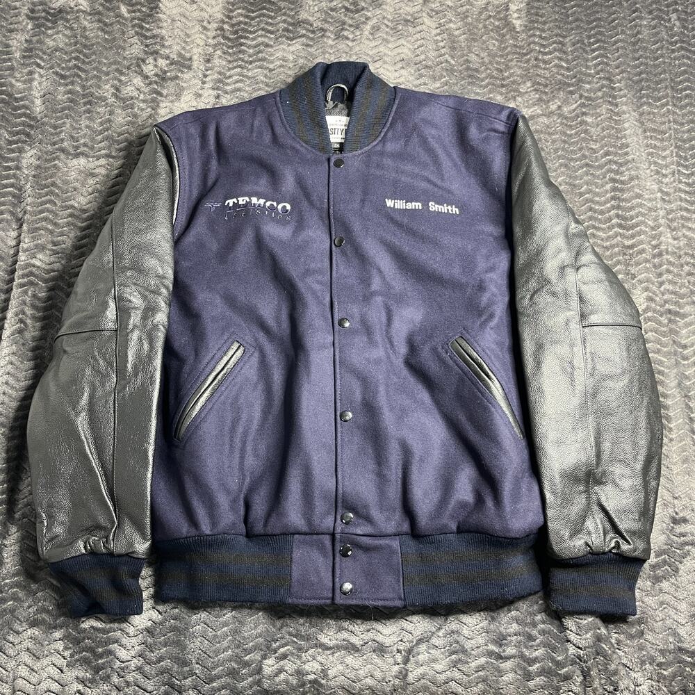 Varsity Base Premium Classic Snap Button Jacket Blue/Black 2XL Wool Leather
